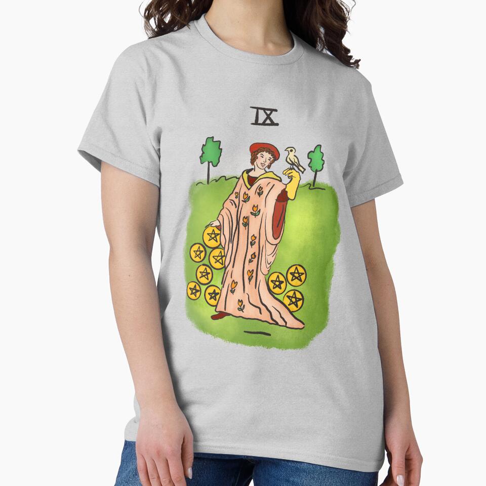 Nine Of Pentacles Arcana Design T-shirt - Image 3