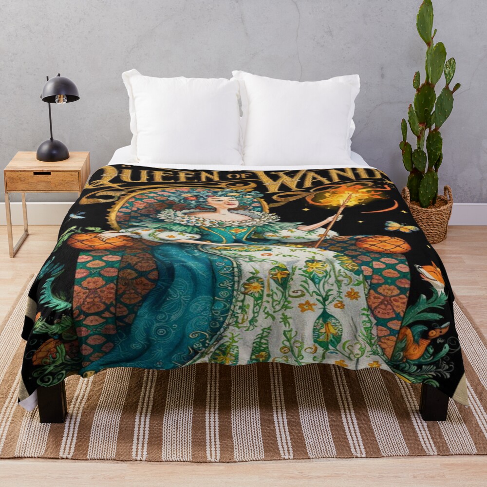 Queen Of Wands Tarot Design Throw Blanket