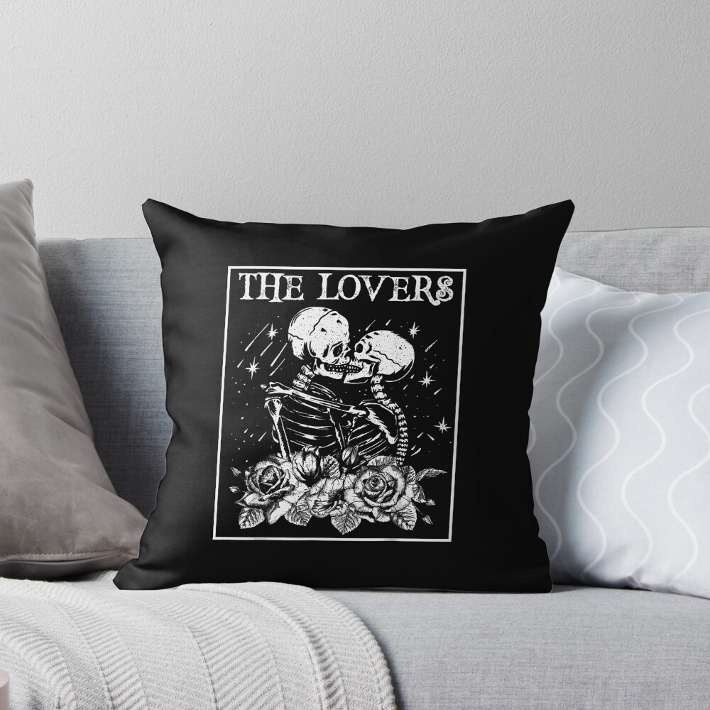 The Lovers Skeleton Kissing Floral Tarot Throw Pillow