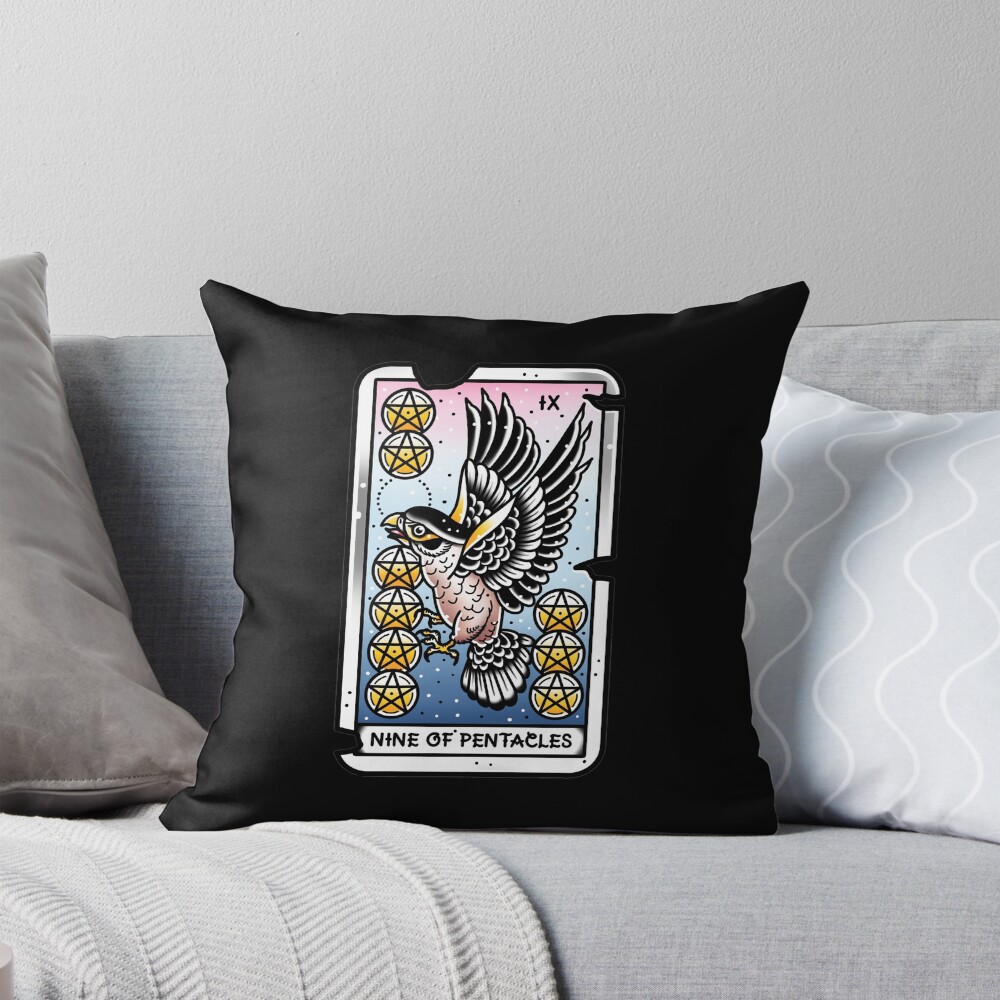 Nine Of Pentacles Vintage Tattoo Design Throw Pillow