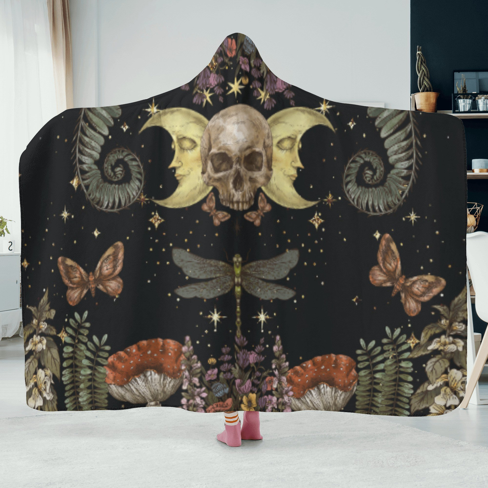 Witchy Moon Skull Dark Cottagecore Hooded Blanket