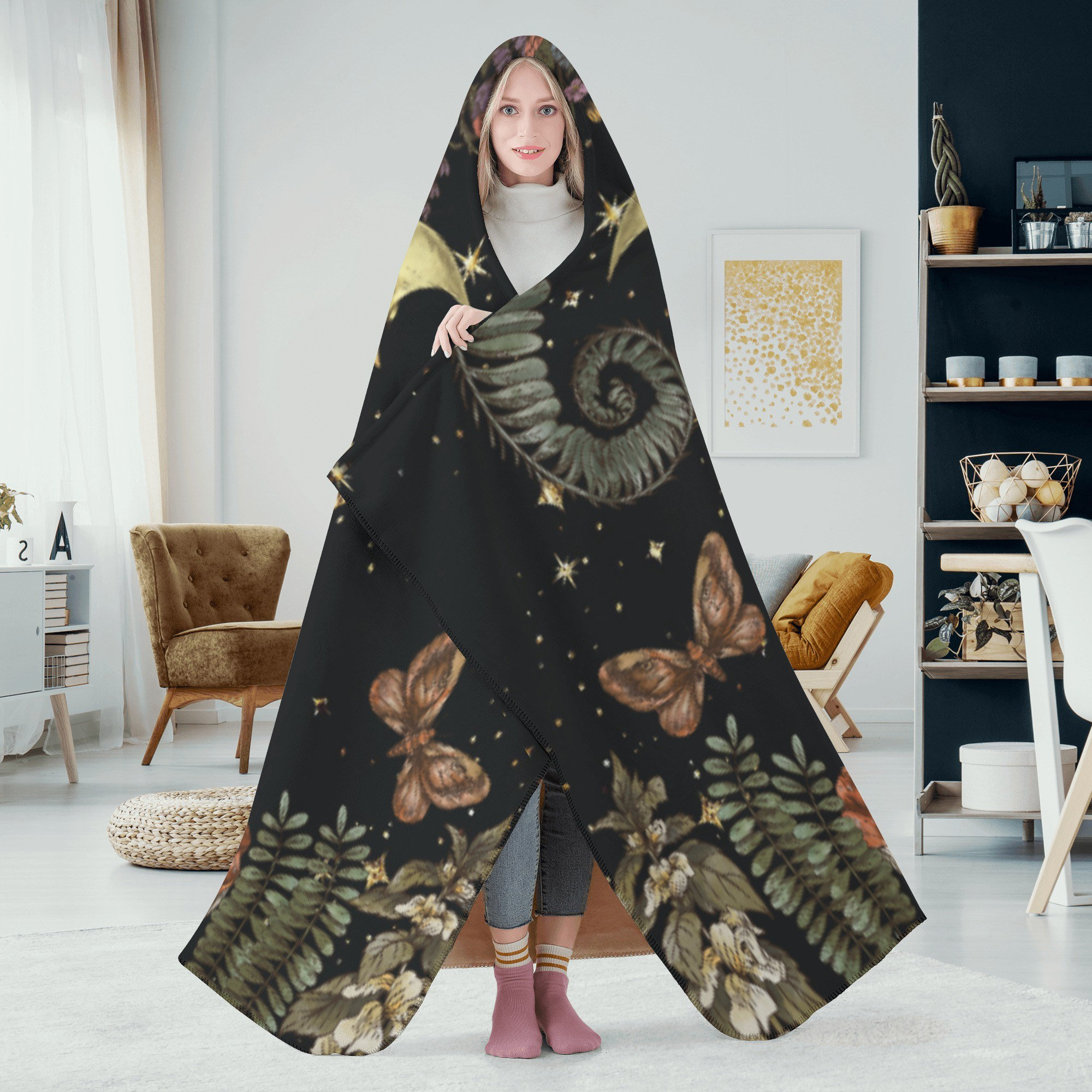 Witchy Moon Skull Dark Cottagecore Hooded Blanket - Image 2