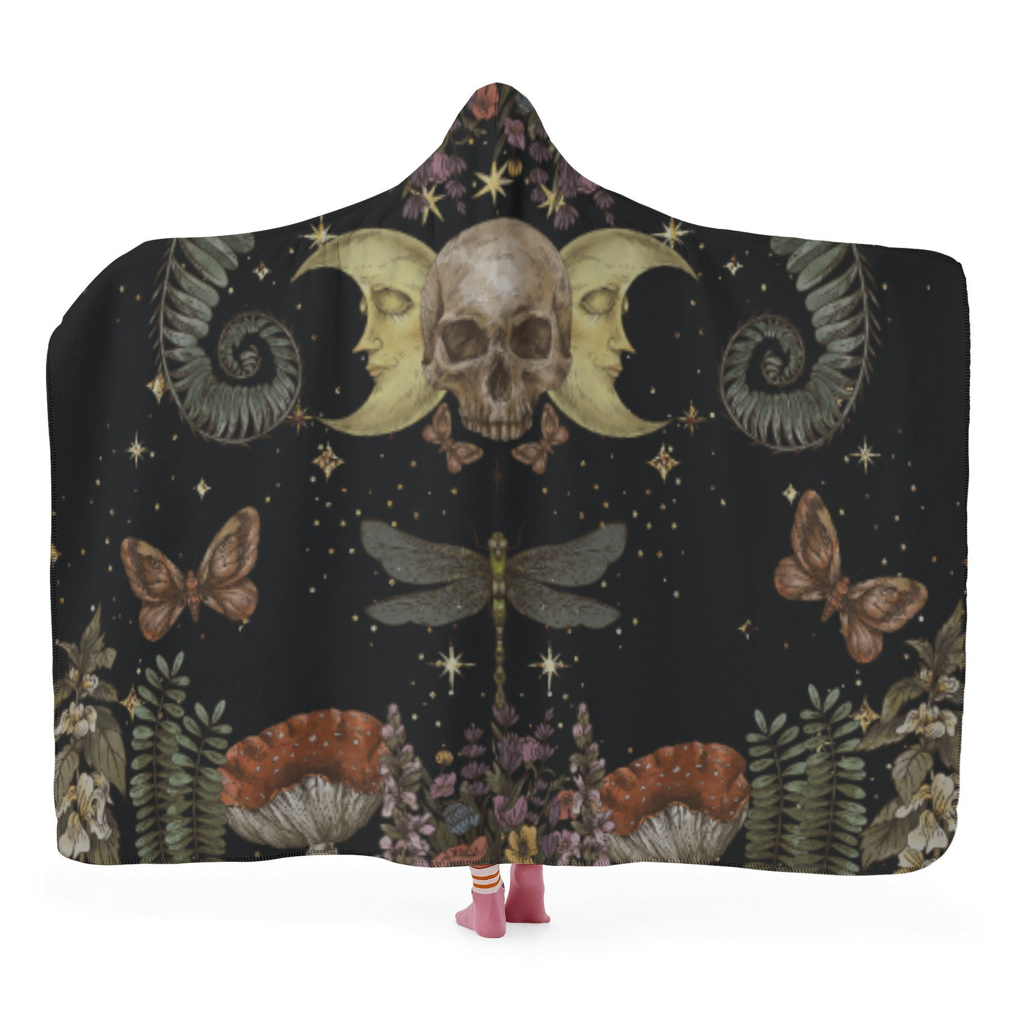 Witchy Moon Skull Dark Cottagecore Hooded Blanket - Image 4