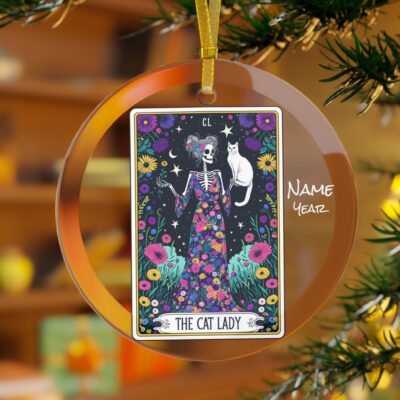 Tarot The Cat Lady Skeleton Custom Glass Ornament