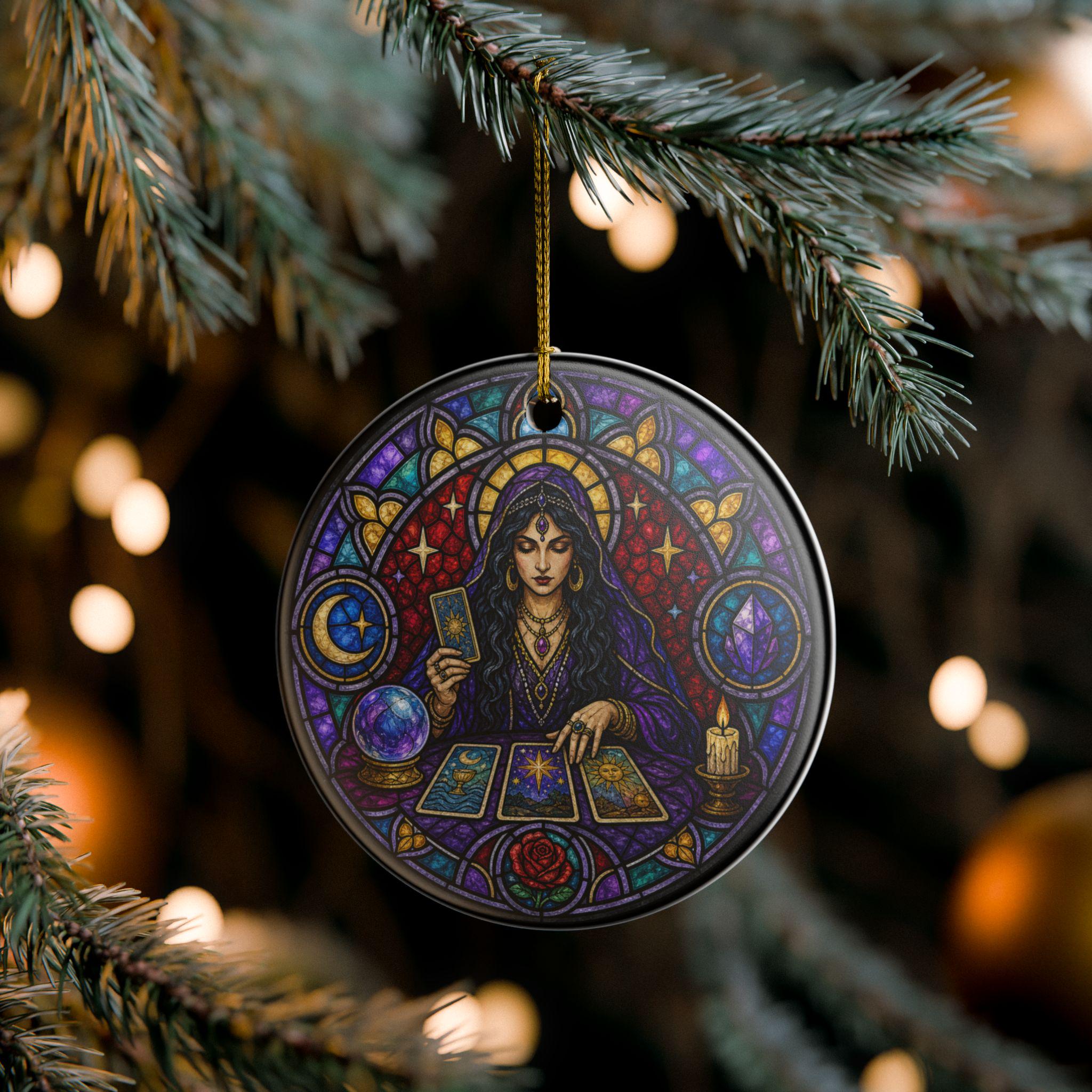 Tarot Reader Stained Glass Yule Ceramic Ornament - Image 3