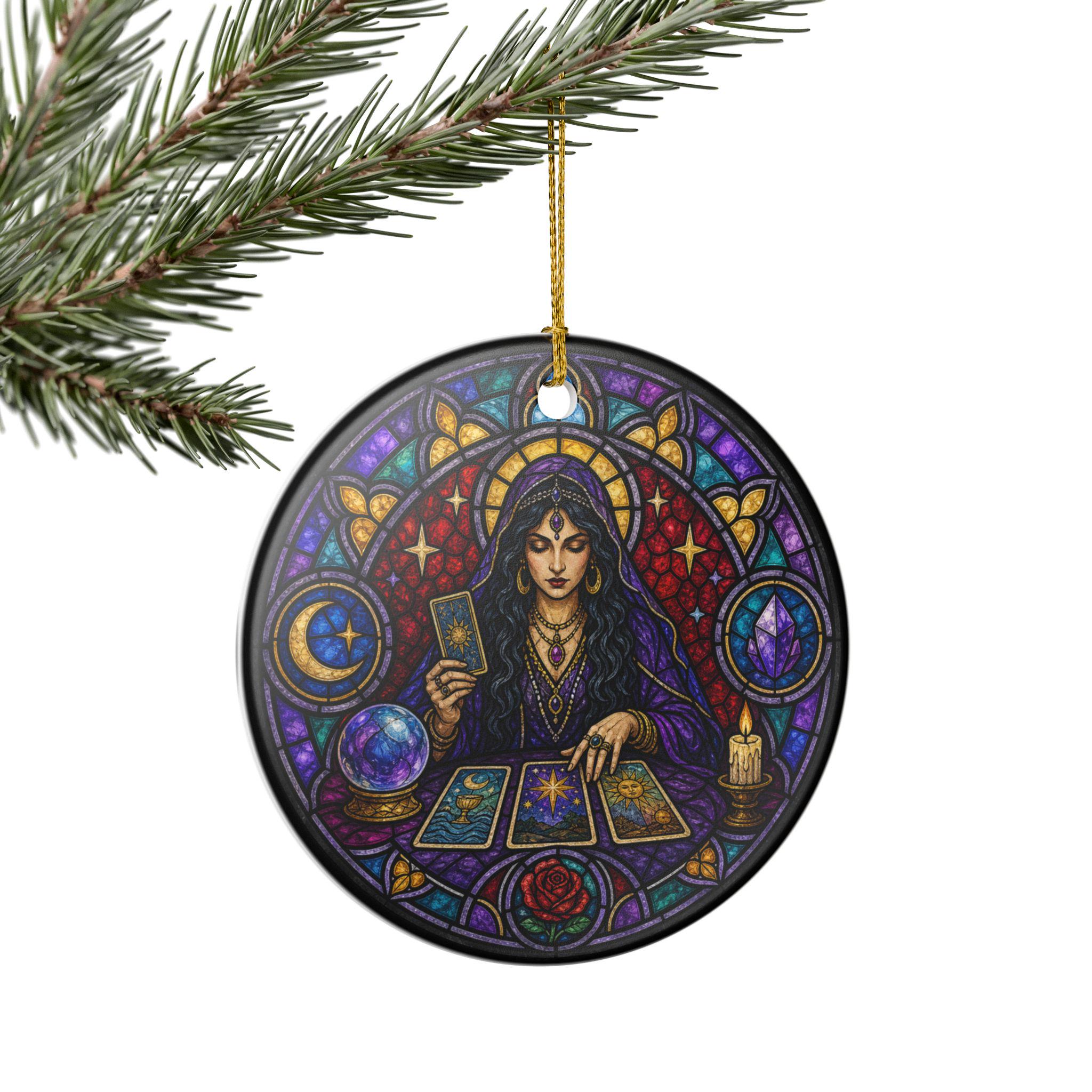 Tarot Reader Stained Glass Yule Ceramic Ornament - Image 9