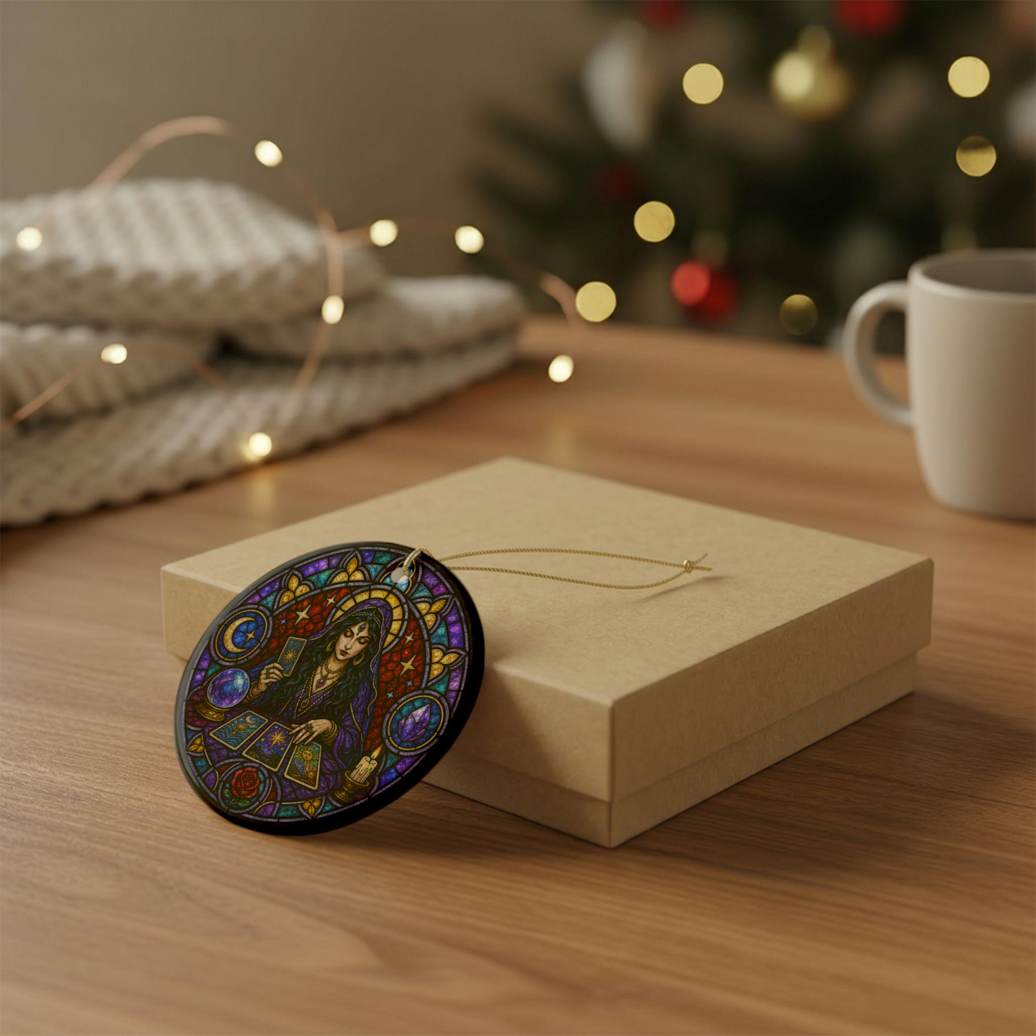 Tarot Reader Stained Glass Yule Ceramic Ornament - Image 5