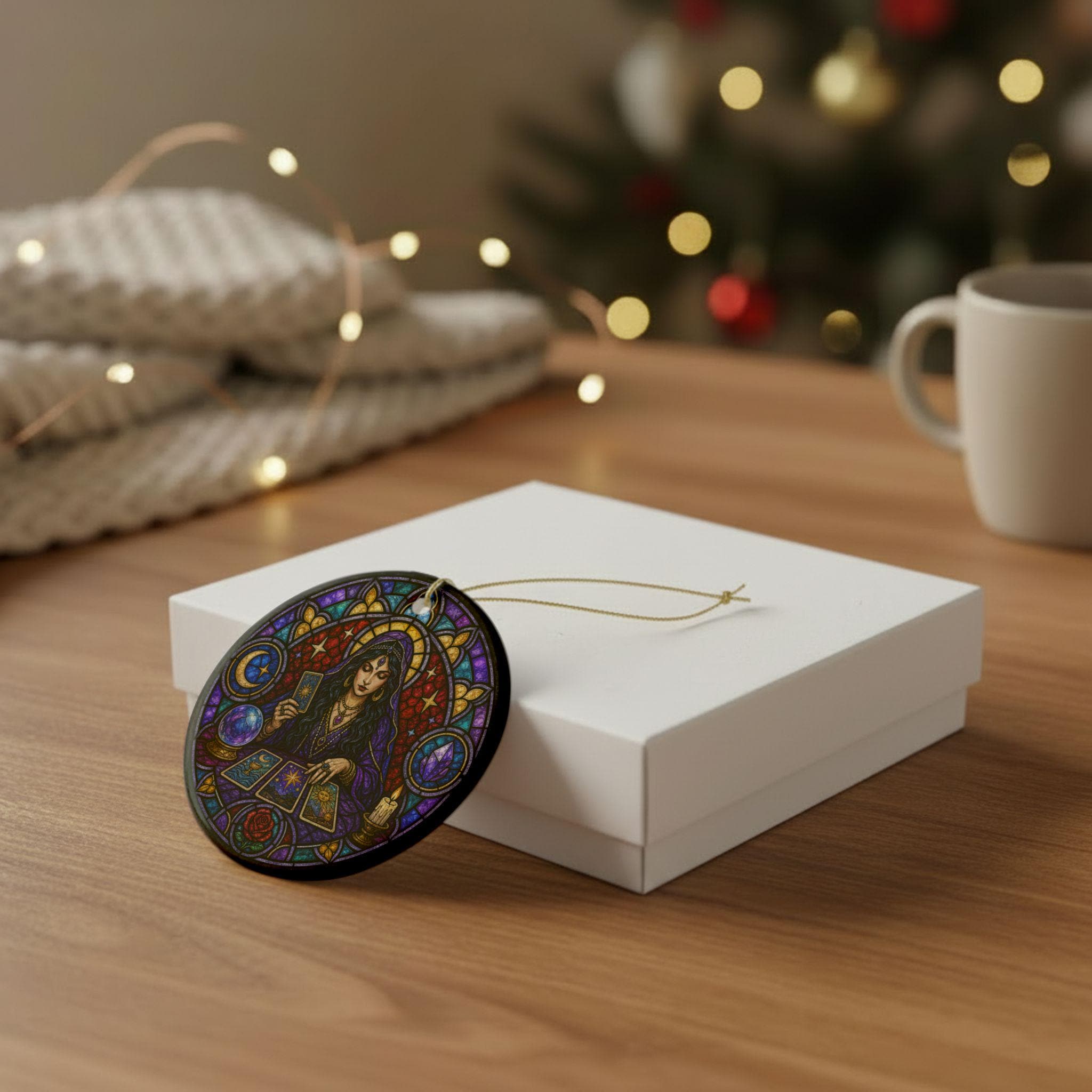 Tarot Reader Stained Glass Yule Ceramic Ornament - Image 4