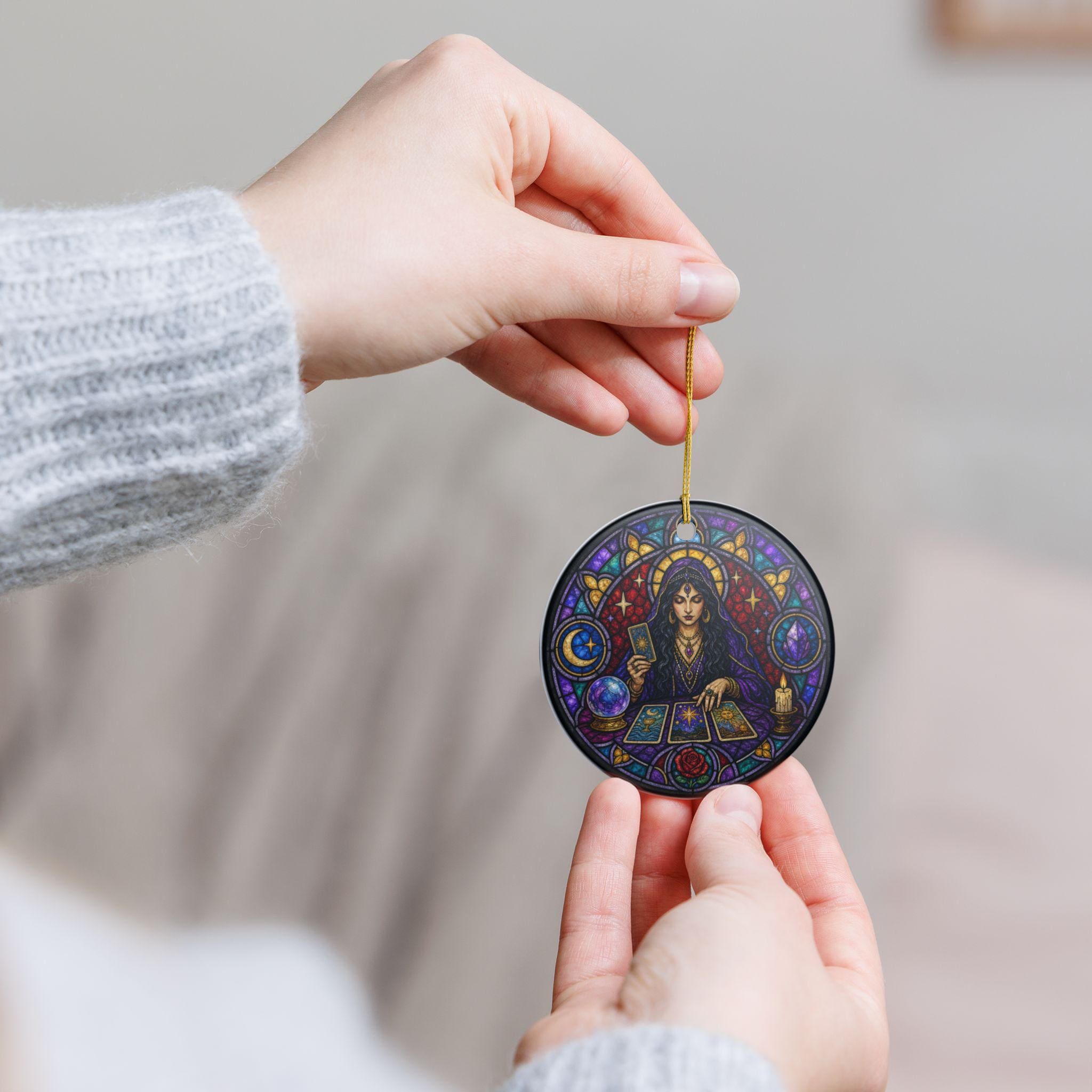 Tarot Reader Stained Glass Yule Ceramic Ornament - Image 6
