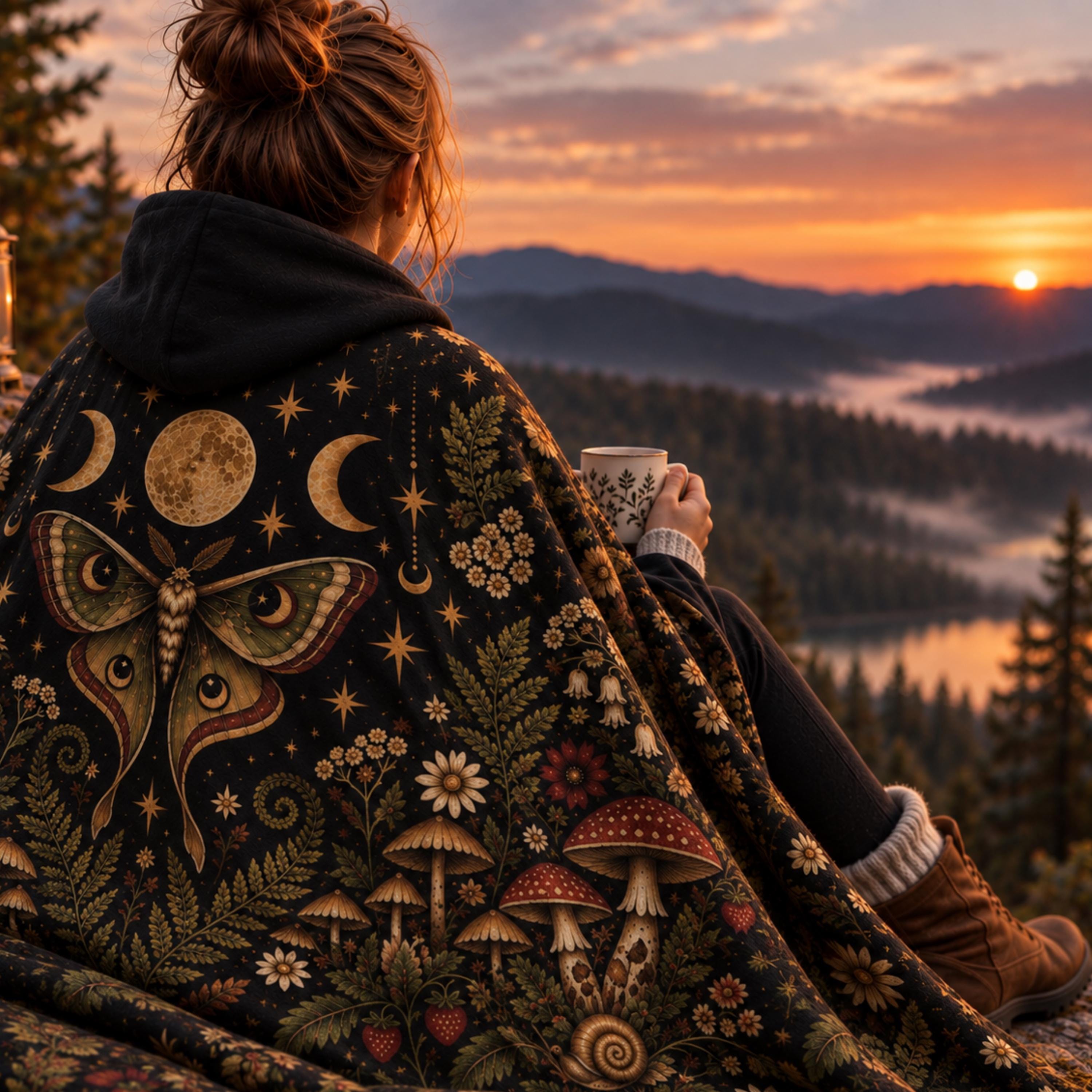 Luna Moth Dark Forest Whimsigoth Hooded Blanket - Image 2