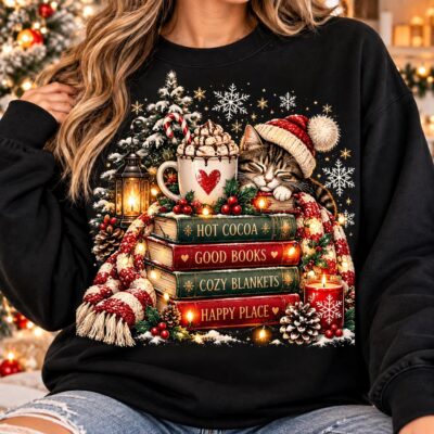 Christmas Cat Cozy Book Lover Sweatshirt