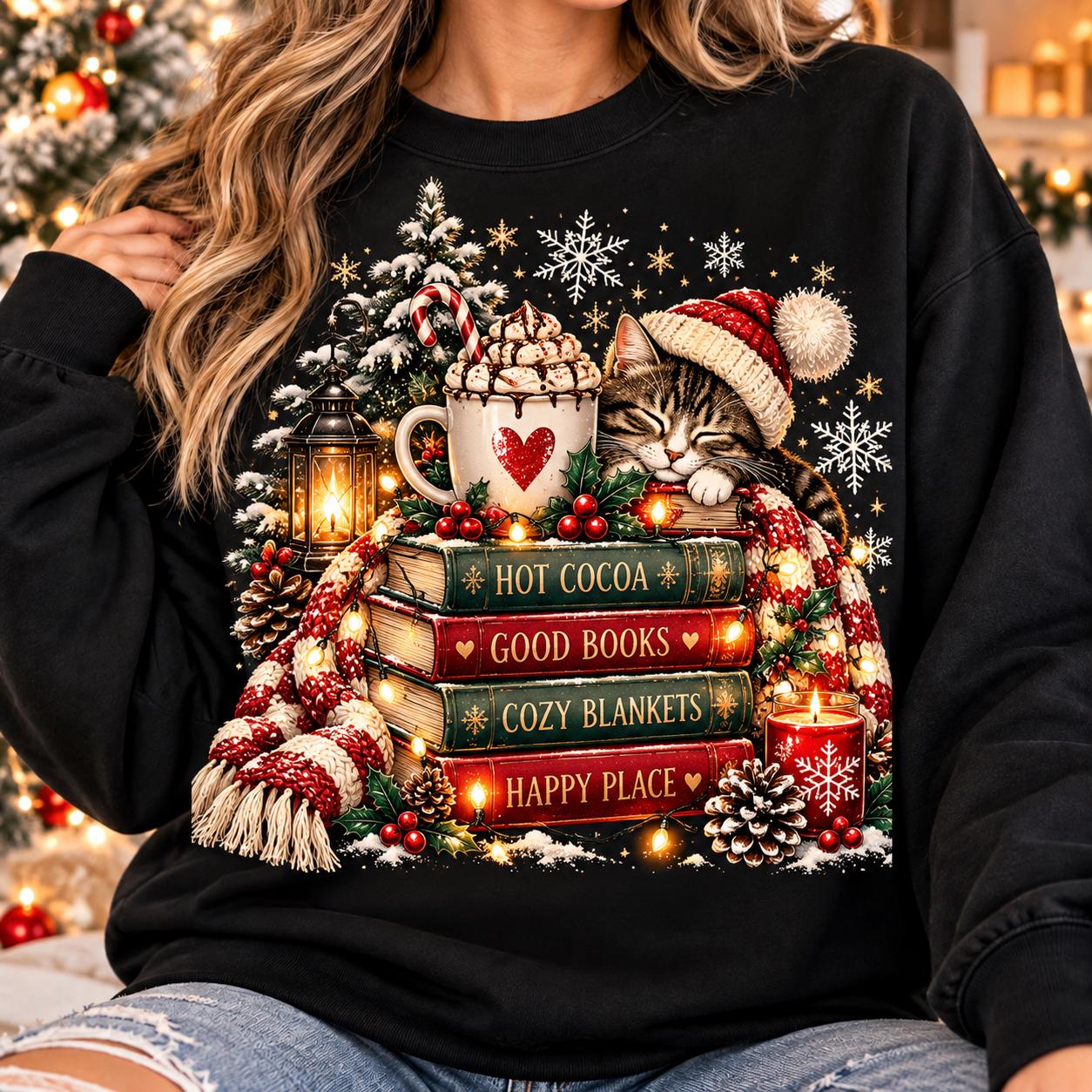 Christmas Cat Cozy Book Lover Sweatshirt
