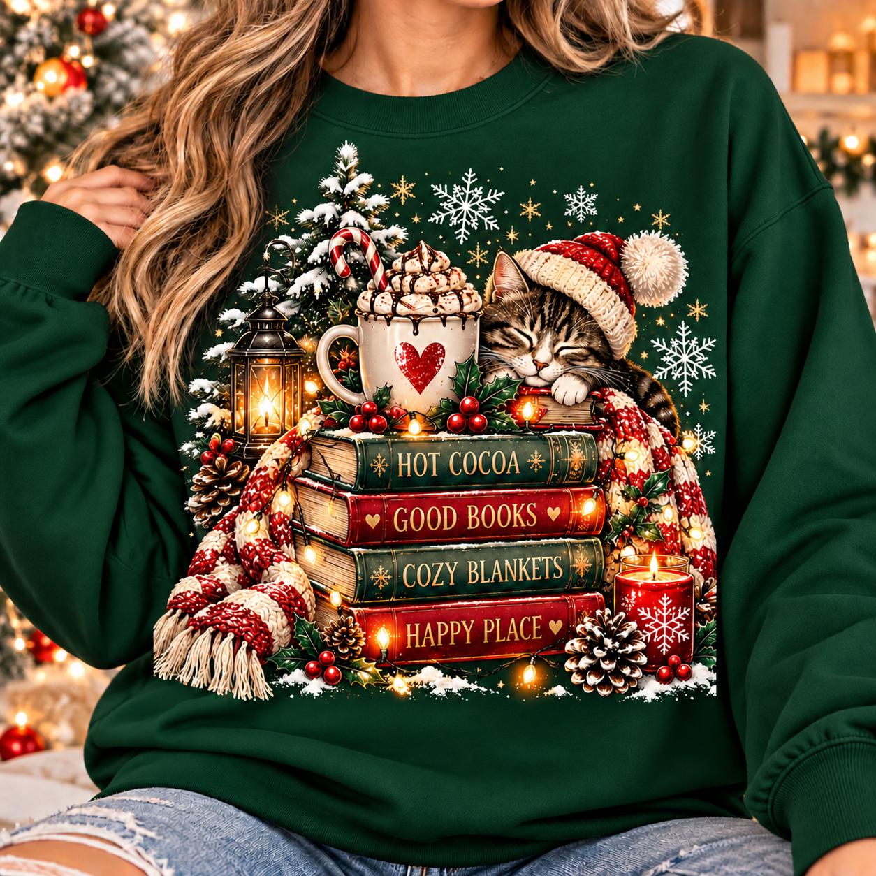 Christmas Cat Cozy Book Lover Sweatshirt - Image 2
