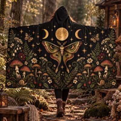 Luna Moth Whimsigoth Moon Phase Hooded Blanket
