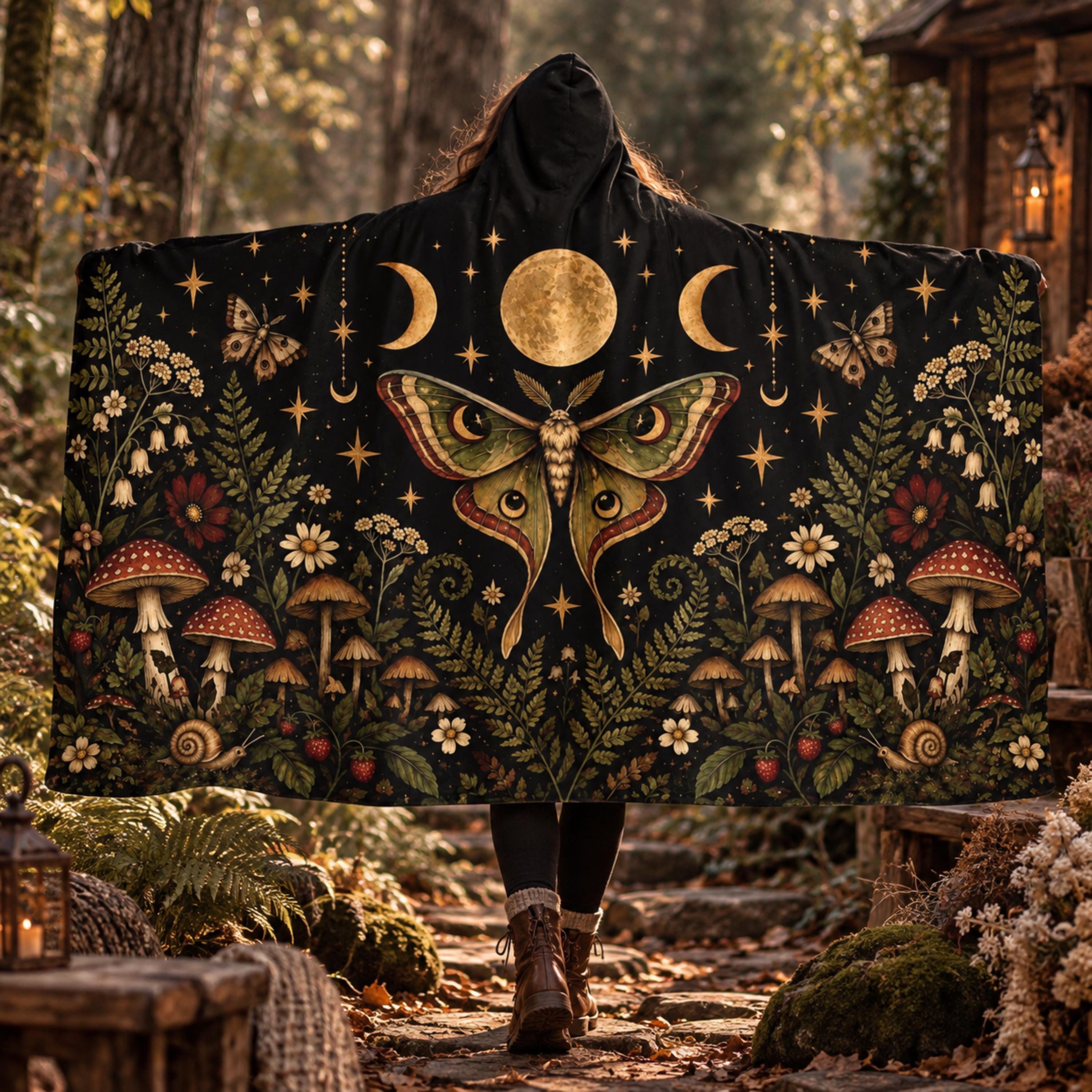 Luna Moth Dark Forest Whimsigoth Hooded Blanket - Image 3