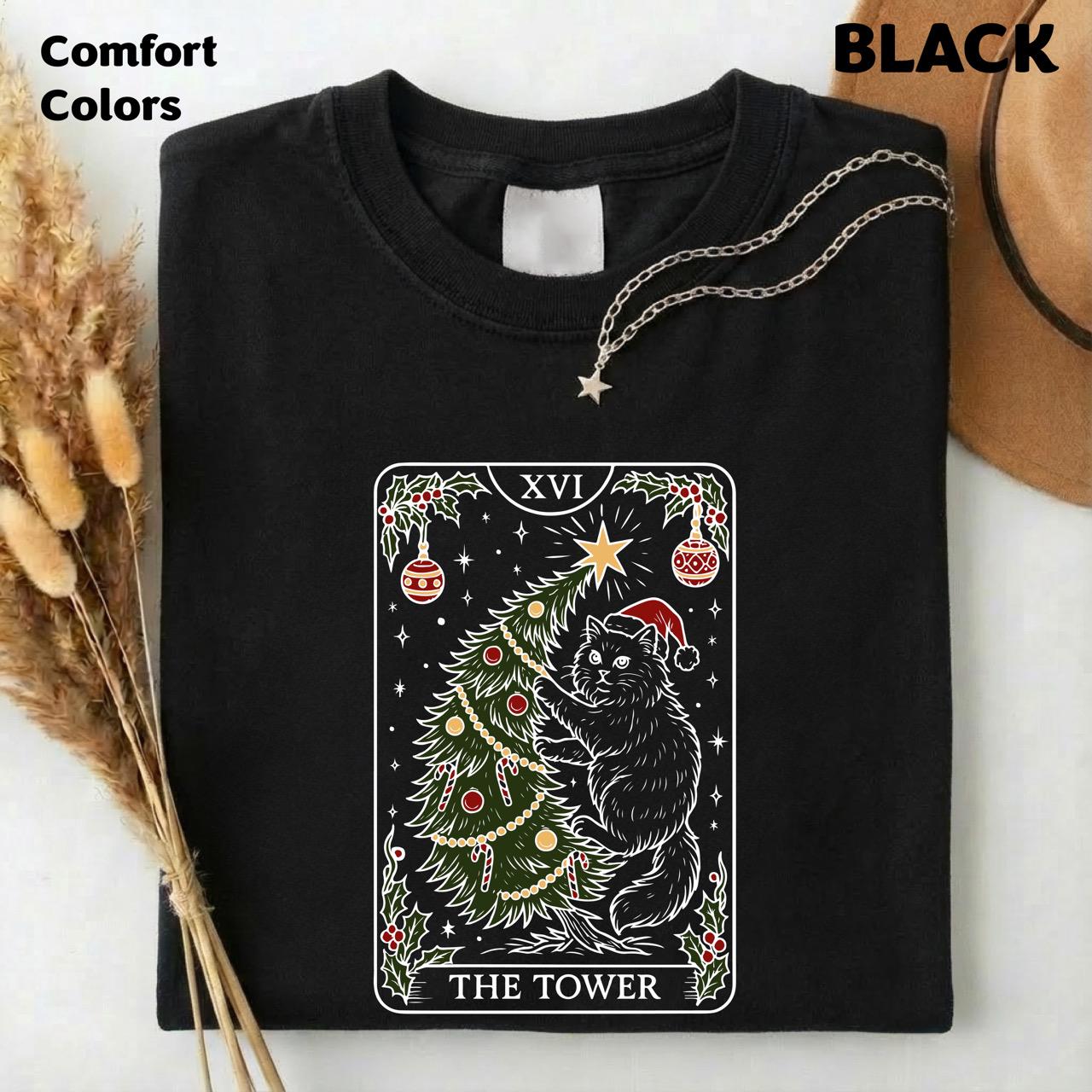 The Tower Christmas Cat Mystical Tarot Sweatshirt - Image 3